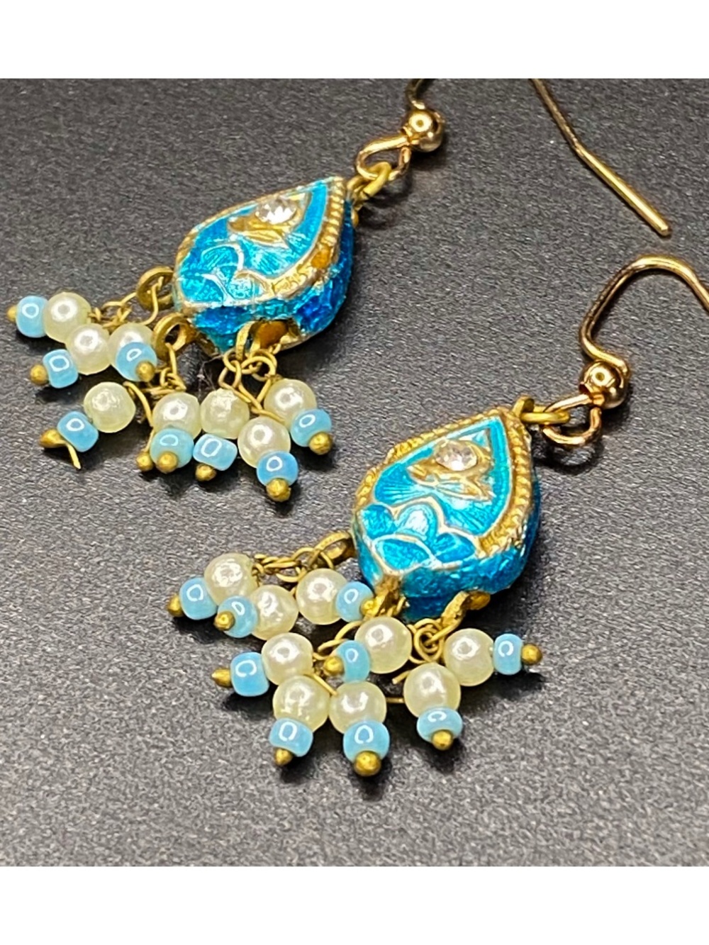 Dangle Earrings Enameled Turquoise Blue Rhinestone Faux Pearl Floral Vintage